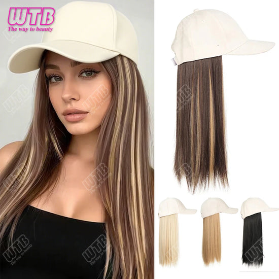 Synthetic Hat Wig with Long Straight Hair Baseball Cap Hair Extension Stylish & Convenient All-in-One Design for Women