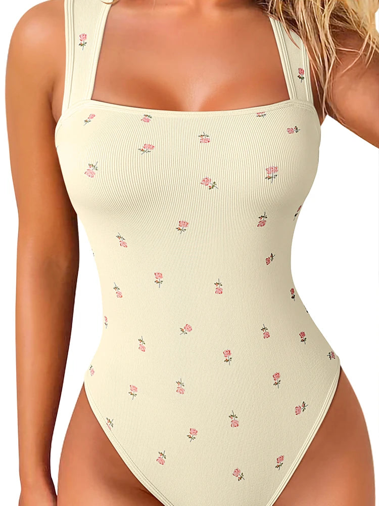 Summer New Fashion Square Collar Solid Color Sleeveless Bodysuit High Waist Sexy Tight Women&