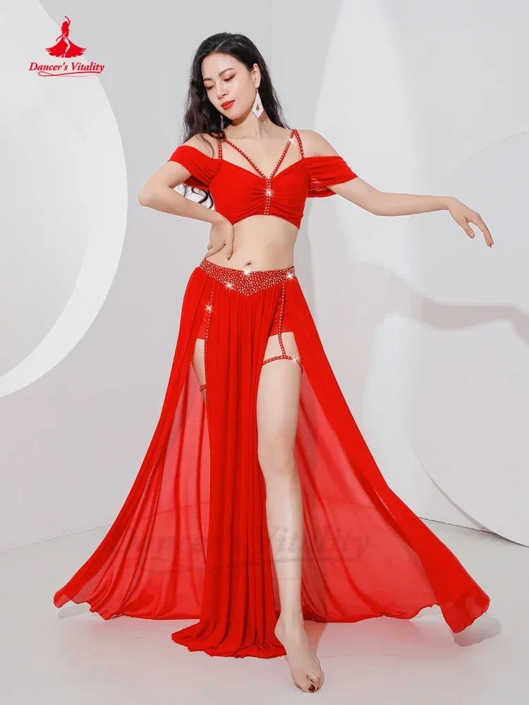 Belly Dance Professional Suit for Women Mesh Short Sleeves Top+sexy Split Long Skirt 2pcs Girl&