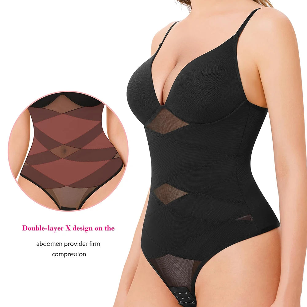 Women Tummy Control Body Shaper Mesh Slimming Waist Briefs Bodysuit V Neck Body Shaper Butt Lifter Smooth Body with Built in Bra - Lena & Miles Exquisite Boutique LLC.