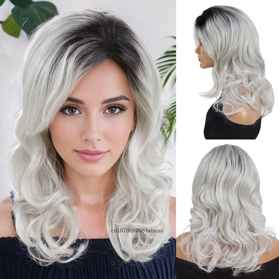 Womens Girls Fashion Style Synthetic Hair Medium Curly Wavy Wigs for Lady Dark Root Ombre Silver Grey Wig Daily Party Costume