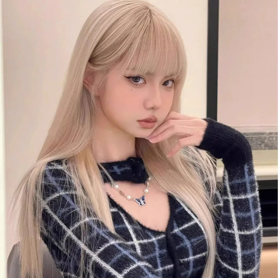 White Blonde Synthetic Wig Women Show White Natural Age Reduction Bangs Soft All-Match Style Long Straight Hair Full Head Cover