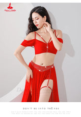 Belly Dance Professional Suit for Women Mesh Short Sleeves Top+sexy Split Long Skirt 2pcs Girl&
