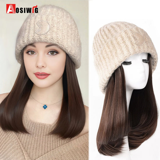 Off White  Hat Wig Beanies Hat With Hair Wigs For Women Synthetic Short Straight Hair Warm Ski Plush Knitted Autumn Winter Cap W