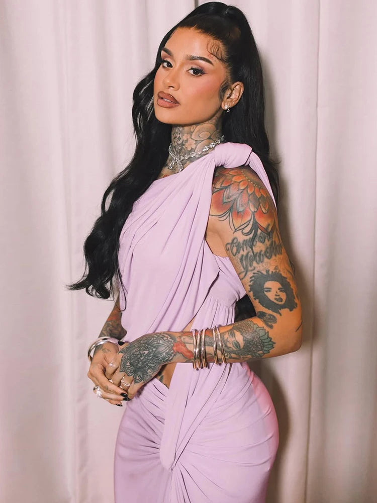 kliou Asymmetrical Incline Shoulder Women Dress High Street Concise Unique Tied Pleated Sleeveless Maxi Bodycon Mujer Party Robe - Lena & Miles Exquisite Boutique LLC.