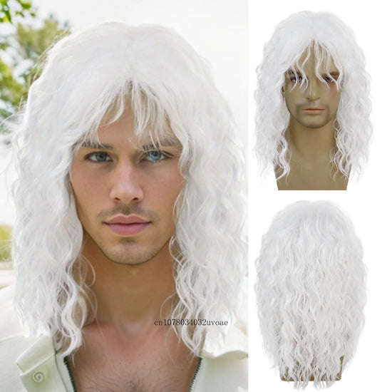 Synthetic Natural White Wig Long Curly Hair for Men Daily Use Layer Wigs with Bangs Cancer Patient Gift Outfits Costume Male Wig