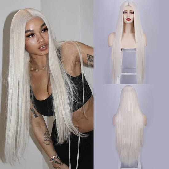 Long Synthetic Straight Wig 32 Inch White Middle Part Wigs for Women Cosplay Blonde Ginger Heat Resistant Fiber Hair Wig