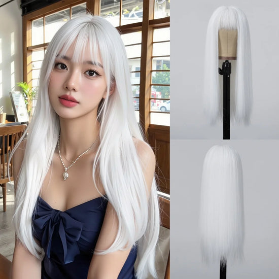 HENRY MARGU White Long Straight Synthetic Wigs for Women Colorful Cosplay Party Fake Hair with Bangs White Wig HighTemperature
