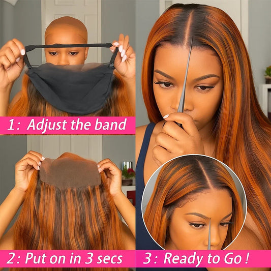 #4/350  Color Brown Mix Ginger Highlight Lace Closure Wig 5x5 Bone Straight Wear Go Glueless Wigs Human Hair Brazilain
