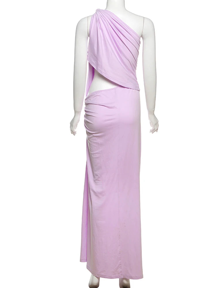 kliou Asymmetrical Incline Shoulder Women Dress High Street Concise Unique Tied Pleated Sleeveless Maxi Bodycon Mujer Party Robe - Lena & Miles Exquisite Boutique LLC.