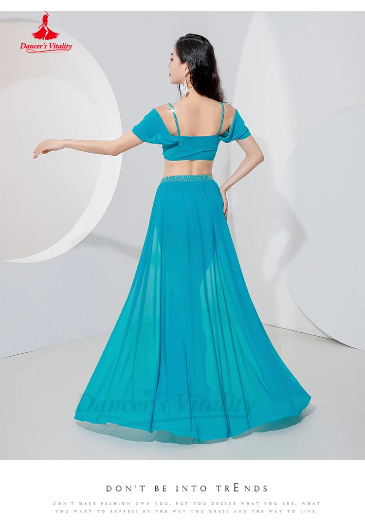 Belly Dance Professional Suit for Women Mesh Short Sleeves Top+sexy Split Long Skirt 2pcs Girl&