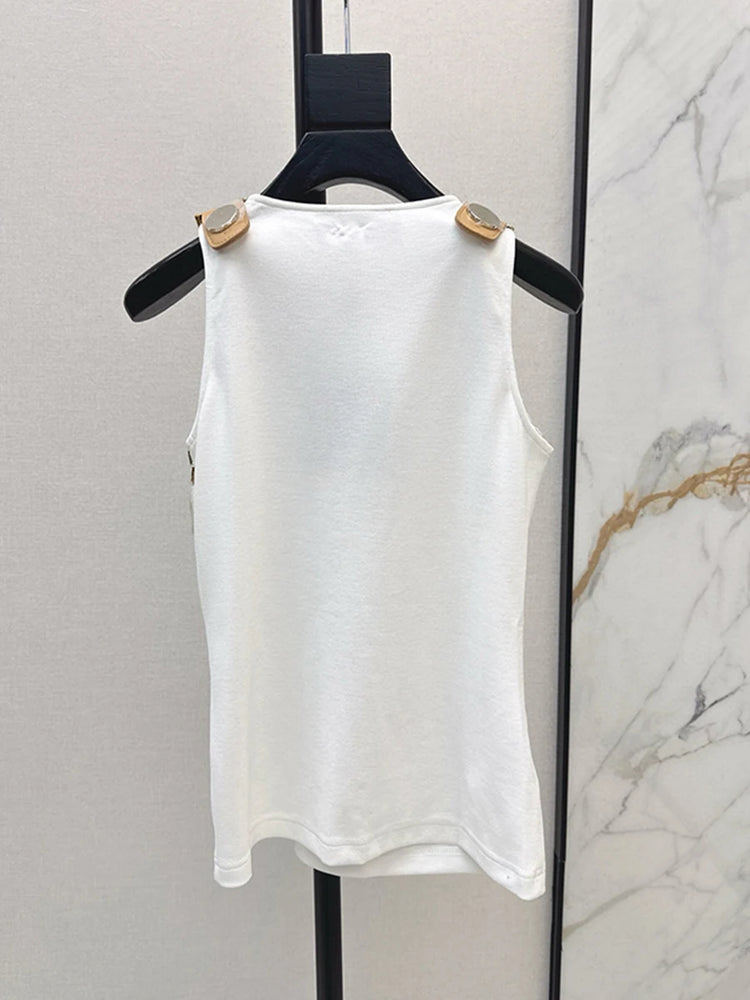 VGH American Retro Streetwear Tops for Women Square Collar Sleevelesss Patchwork Metal Buckle Waistcoat Female Summer Clothing - Lena & Miles Exquisite Boutique LLC.