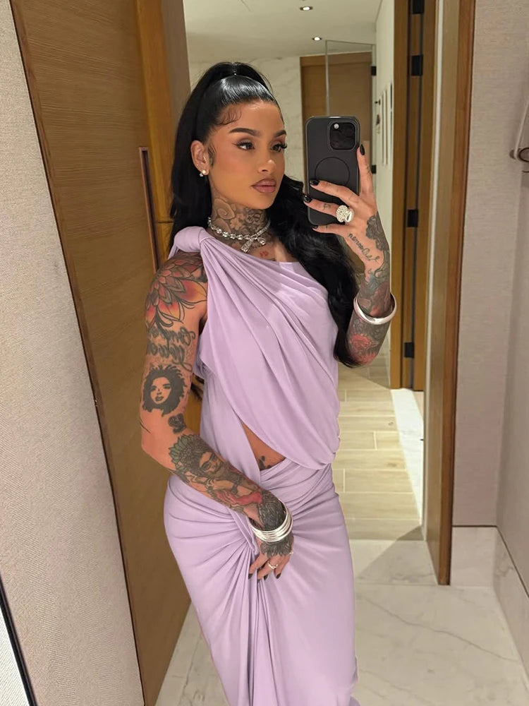 kliou Asymmetrical Incline Shoulder Women Dress High Street Concise Unique Tied Pleated Sleeveless Maxi Bodycon Mujer Party Robe - Lena & Miles Exquisite Boutique LLC.