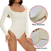 GUUDIA Open Crotch Big U Neck Seamless Bodysuit Long Sleeve Spandex Elastic Body Suit Shapewear Tummy Control Waist Shapers - Lena & Miles Exquisite Boutique LLC.