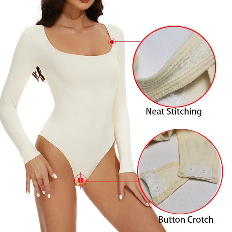 GUUDIA Open Crotch Big U Neck Seamless Bodysuit Long Sleeve Spandex Elastic Body Suit Shapewear Tummy Control Waist Shapers - Lena & Miles Exquisite Boutique LLC.