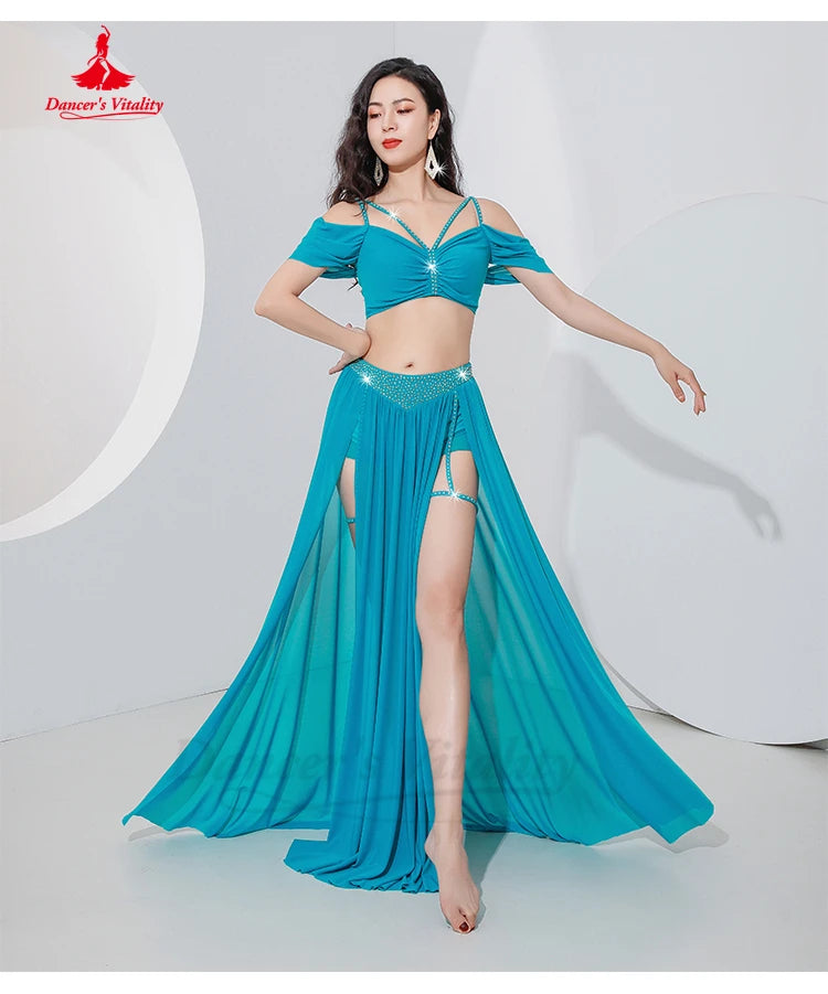 Belly Dance Professional Suit for Women Mesh Short Sleeves Top+sexy Split Long Skirt 2pcs Girl&