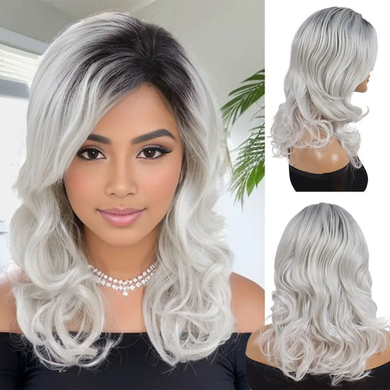 Synthetic Wigs for Women Long Curly Grey Wig Ombre Silver Gray Wigs Black Roots Body Wave Wig Natural Hairstyles Mommy Wig Cute