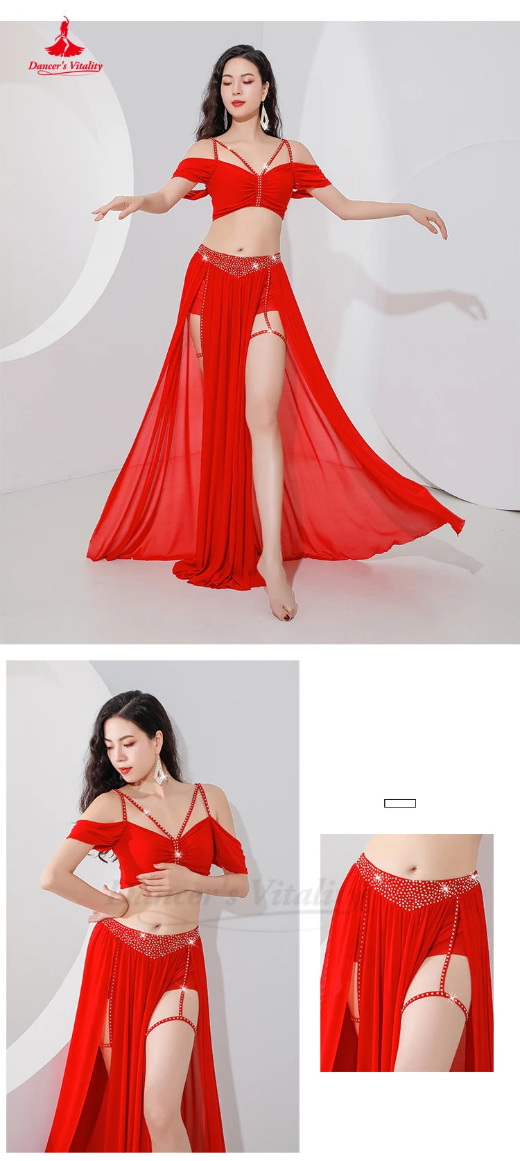 Belly Dance Professional Suit for Women Mesh Short Sleeves Top+sexy Split Long Skirt 2pcs Girl&