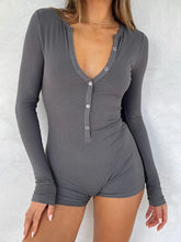 Sibybo Basics Ribbed Playsuit Casual Long Sleeves Button Top Fashion Solid Color High Waist Skinny Playsuit Autumn Women Clothes - Lena & Miles Exquisite Boutique LLC.