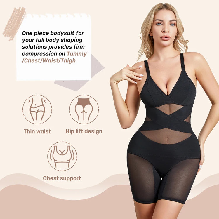 Women Body Shaper Cross Compression Tummy Control Butt Lifter Mesh Shapewear Bodysuit Faja With Open Crotch - Lena & Miles Exquisite Boutique LLC.