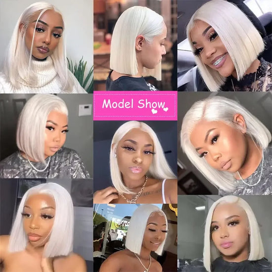 For Women White Short Human Hair Wig Ash Blonde Platinum Colored Brazilian Virgin Hair 180%60 13x4 Lace Front Human Hair Wigs