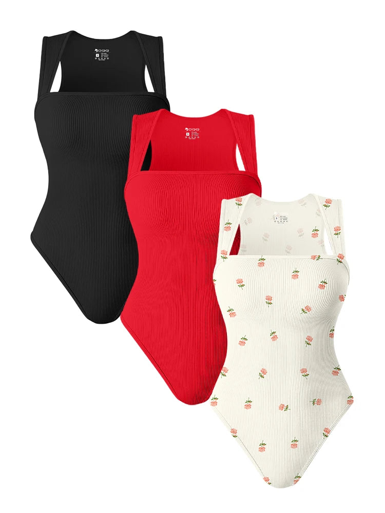 Summer New Fashion Square Collar Solid Color Sleeveless Bodysuit High Waist Sexy Tight Women&