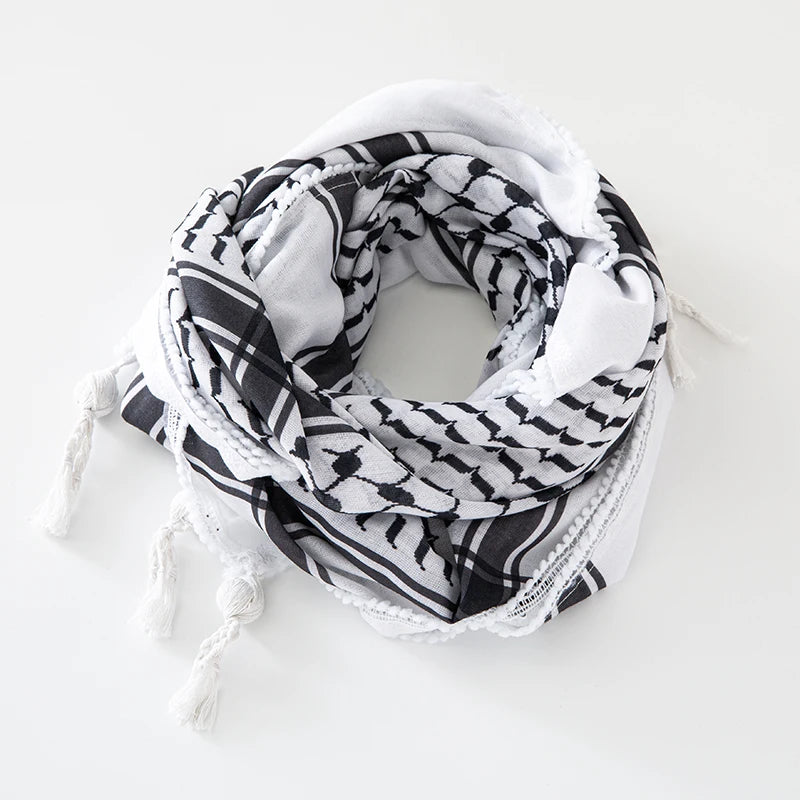 Classic Plaid Print Hijab Scarf Pompom Tassels Black and White Square Shemagh Muslim Headscarf Women Arab Keffiyeh Hijabs - Lena & Miles Exquisite Boutique LLC.