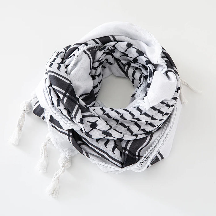 Classic Plaid Print Hijab Scarf Pompom Tassels Black and White Square Shemagh Muslim Headscarf Women Arab Keffiyeh Hijabs - Lena & Miles Exquisite Boutique LLC.