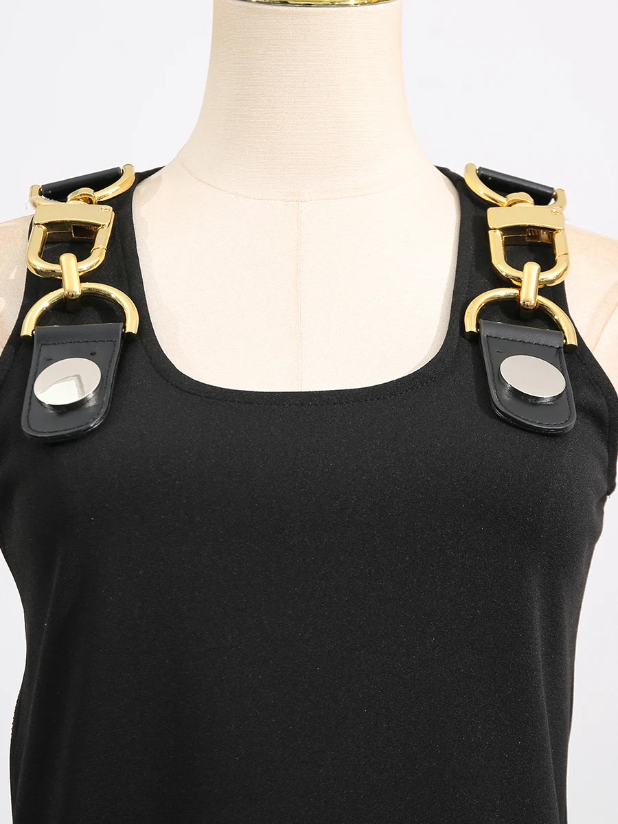 VGH American Retro Streetwear Tops for Women Square Collar Sleevelesss Patchwork Metal Buckle Waistcoat Female Summer Clothing - Lena & Miles Exquisite Boutique LLC.