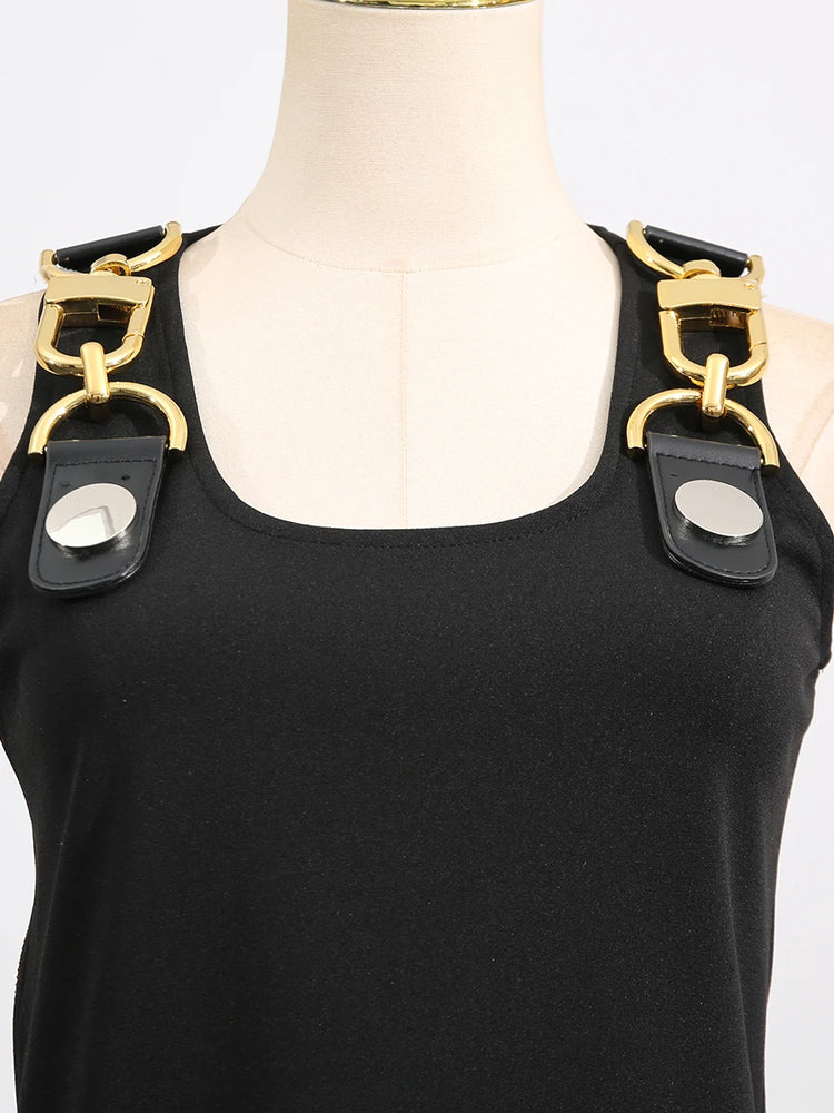 VGH American Retro Streetwear Tops for Women Square Collar Sleevelesss Patchwork Metal Buckle Waistcoat Female Summer Clothing - Lena & Miles Exquisite Boutique LLC.