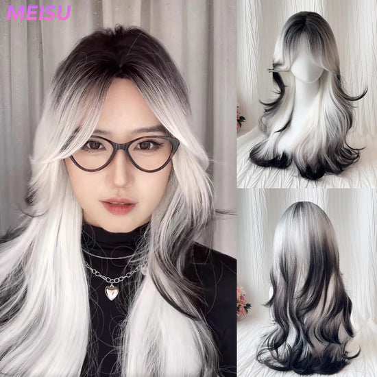 MEISU 26 Inch Synthetic  Curly Wave Wigs Air Bangs Hair Black White Heat-Resistant Natural And Smoot Daily Wear For Women