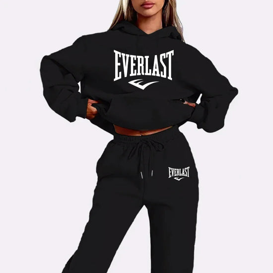 Two-piece tracksuit set with letter print for women, fashionable running sweatshirt, sports hoodie with drawstring, quality fitn