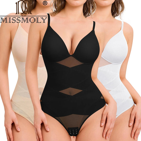 Women Tummy Control Body Shaper Mesh Slimming Waist Briefs Bodysuit V Neck Body Shaper Butt Lifter Smooth Body with Built in Bra - Lena & Miles Exquisite Boutique LLC.