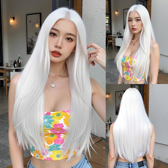 Long Straight Silver Synthetic Wig Medium Part Wigs White Smooth Fake Hair For Women Daily Cosplay Party Use High Temperatur