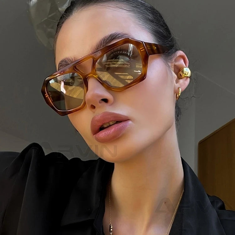 Vintage Square Sunglasses for Women Men Thick Frame Double Bridges Eyewear Female Fashion Chic Polygon Sun Glasses Leopard Blue - Lena & Miles Exquisite Boutique LLC.