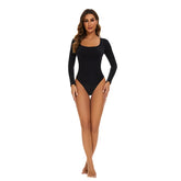 GUUDIA Open Crotch Big U Neck Seamless Bodysuit Long Sleeve Spandex Elastic Body Suit Shapewear Tummy Control Waist Shapers - Lena & Miles Exquisite Boutique LLC.