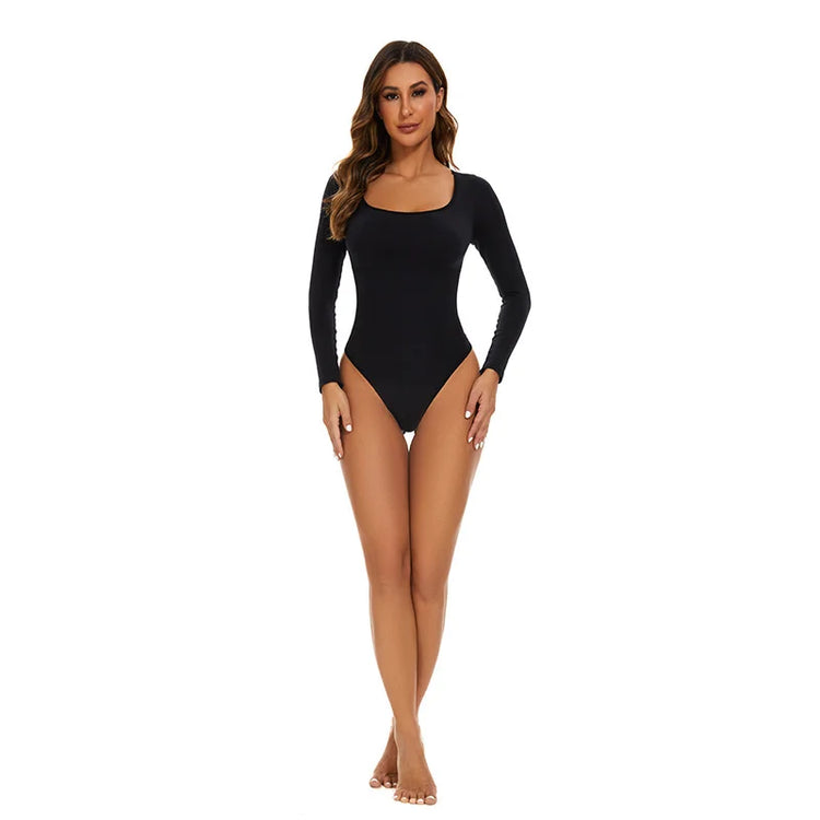 GUUDIA Open Crotch Big U Neck Seamless Bodysuit Long Sleeve Spandex Elastic Body Suit Shapewear Tummy Control Waist Shapers - Lena & Miles Exquisite Boutique LLC.