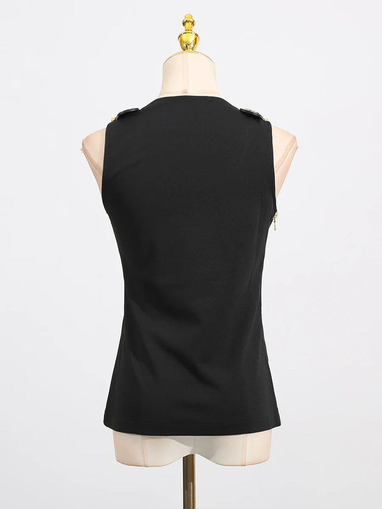 VGH American Retro Streetwear Tops for Women Square Collar Sleevelesss Patchwork Metal Buckle Waistcoat Female Summer Clothing - Lena & Miles Exquisite Boutique LLC.