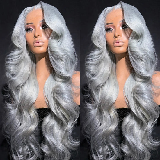 Transparent 13x6 Sliver Grey Color Lace Front Human Hair Wigs Long Body Wave Gray Lace Frontal Wig Pre Plucked 250% 300% Density