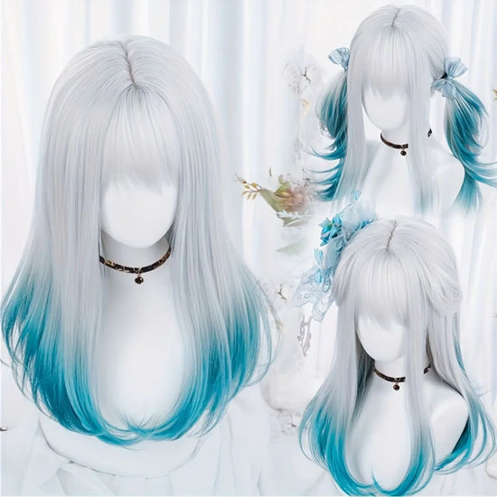 Blue White Gradient Bangs Straight Synthetic Wig with Ponytail Anime Party Cosplay Fashion 2025 New Fiber Hairdo