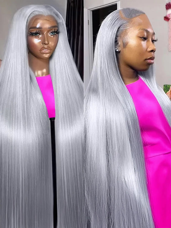 40 Inch Silver Grey Colored Straight Lace Front Human Hair Wigs HD Transparent 13x6 13x4 Lace Frontal Wigs For Women Pre Plucked