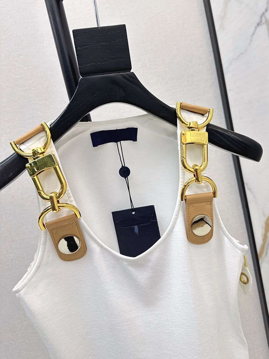 VGH American Retro Streetwear Tops for Women Square Collar Sleevelesss Patchwork Metal Buckle Waistcoat Female Summer Clothing - Lena & Miles Exquisite Boutique LLC.