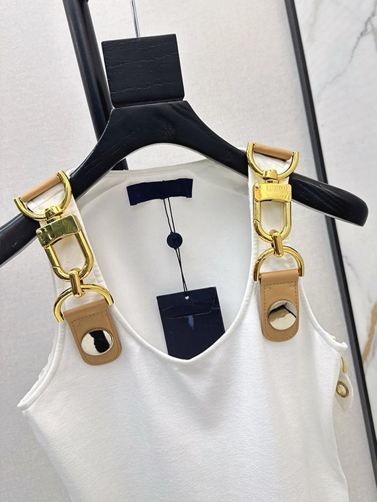 VGH American Retro Streetwear Tops for Women Square Collar Sleevelesss Patchwork Metal Buckle Waistcoat Female Summer Clothing - Lena & Miles Exquisite Boutique LLC.