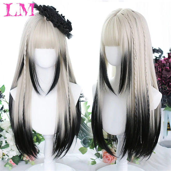 LM White Ombre Black Synthetic Wig for Women Long Curly Wave Wigs with Bangs Cosplay Party Heat Resistant Hair