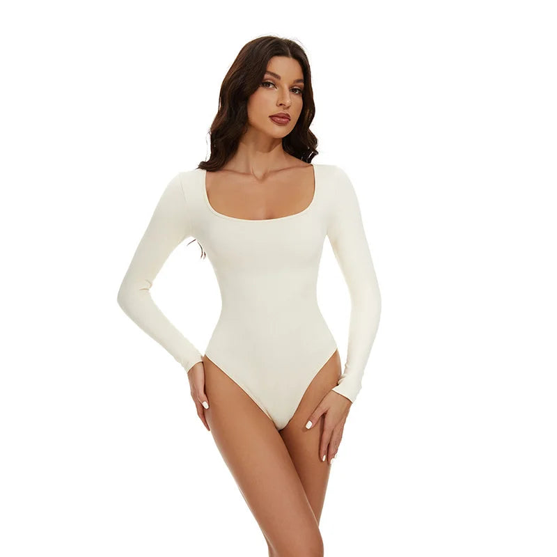 GUUDIA Open Crotch Big U Neck Seamless Bodysuit Long Sleeve Spandex Elastic Body Suit Shapewear Tummy Control Waist Shapers - Lena & Miles Exquisite Boutique LLC.