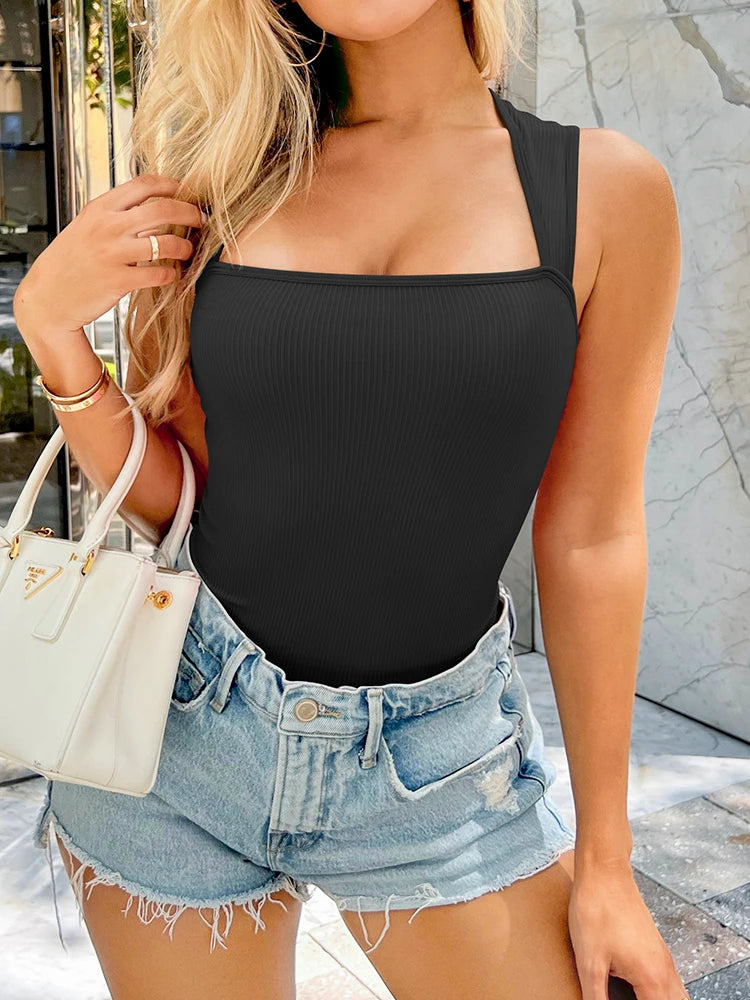 Summer New Fashion Square Collar Solid Color Sleeveless Bodysuit High Waist Sexy Tight Women&