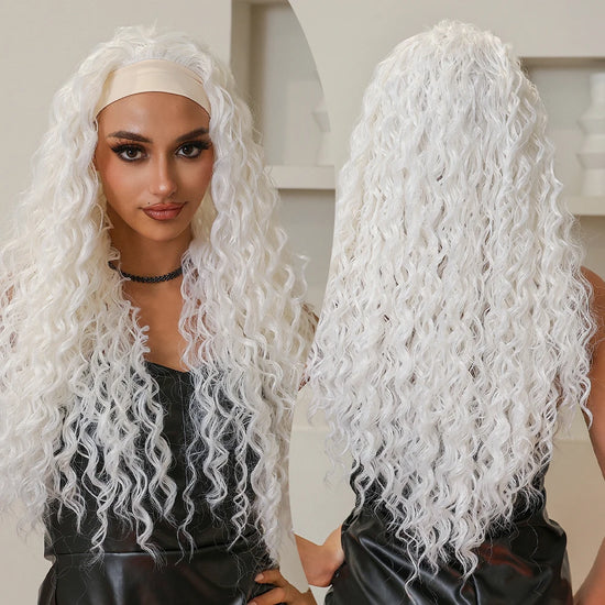 White Platinum Wig Afro Kinky Curly Headband Synthetic Wigs Long Water Wave Curl Wigs Halloween Party Wig for Black Women Daily