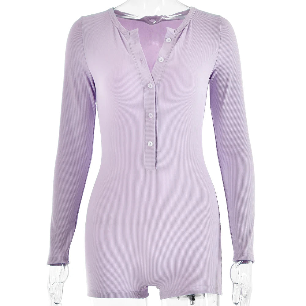 Sibybo Basics Ribbed Playsuit Casual Long Sleeves Button Top Fashion Solid Color High Waist Skinny Playsuit Autumn Women Clothes - Lena & Miles Exquisite Boutique LLC.