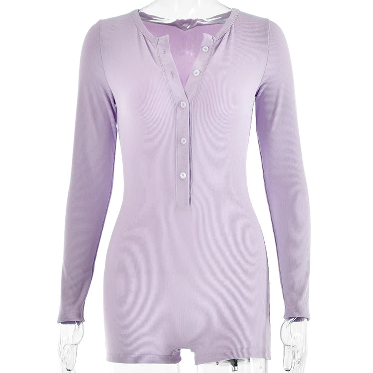 Sibybo Basics Ribbed Playsuit Casual Long Sleeves Button Top Fashion Solid Color High Waist Skinny Playsuit Autumn Women Clothes - Lena & Miles Exquisite Boutique LLC.
