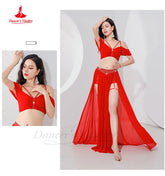 Belly Dance Professional Suit for Women Mesh Short Sleeves Top+sexy Split Long Skirt 2pcs Girl&